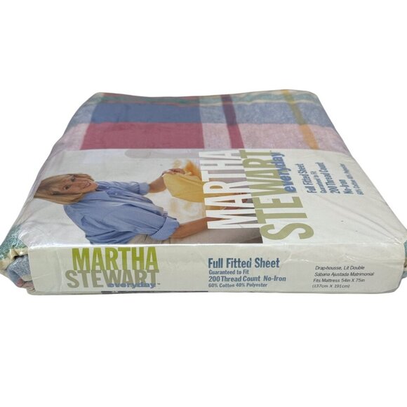 Martha Stewart Full Fitted Sheet Pastel Plaid Light Madras Rose Vintage New - Picture 6 of 9